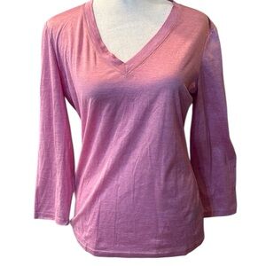 Lafayette‎ 148 Cotton 3/4 Sleeve V-Neck Pink/White Stripe Top Small